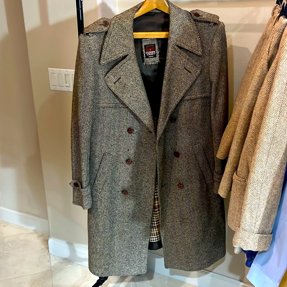 Vintage European Craft Poland Brown Trench Herringbone Coat